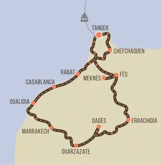 Carte du circuit moto Les Villes Imperiales au Maroc : Tanger, Chefchaouen, Fès, Dadès, Ouarzazate, Marrakech, Casablanca, Rabat