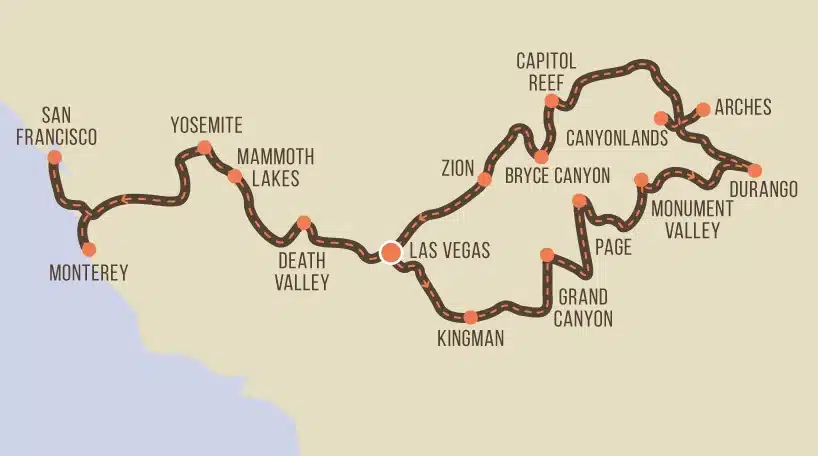 Carte du circuit moto dans l'Ouest américain, de Las Vegas à San Francisco, via le Grand Canyon, Monument Valley, Yosemite...