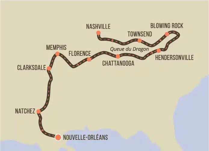 Carte de l'itinéraire moto Route du Blues et Queue du Dragon, USA