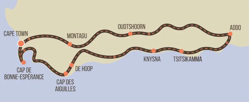 Carte de l'itinéraire moto Route des Jardins en Afrique du Sud